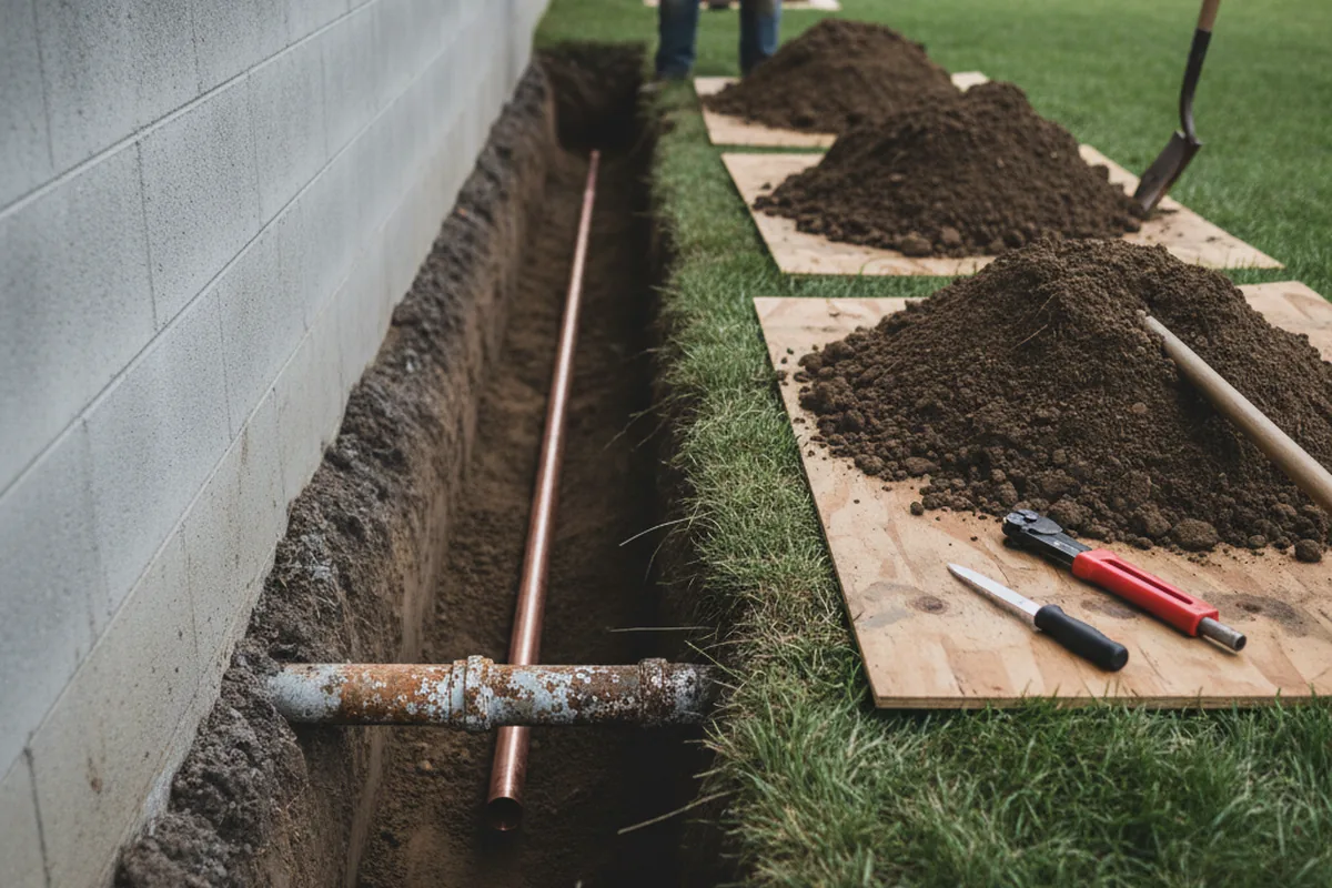 Excavated water line trench during Water Softener Installation in Darlington